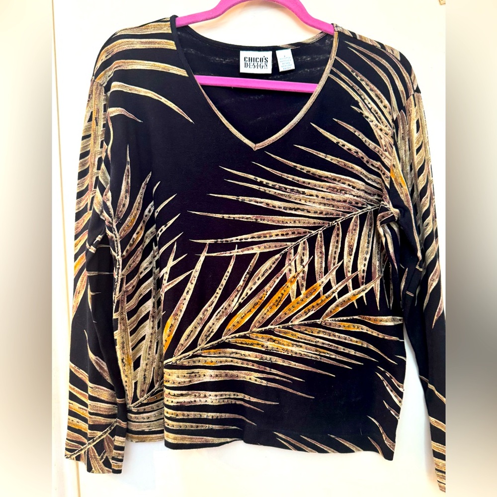Chico's Design Viintage Black and Gold Leaf Font Beaded Pattern Top